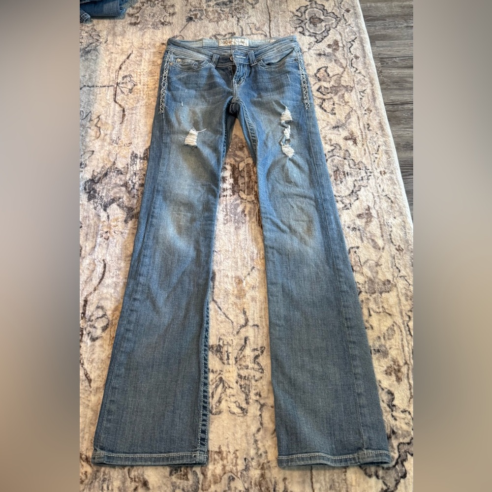 BKE Blue Boot Cut Jeans with Distressed Details
